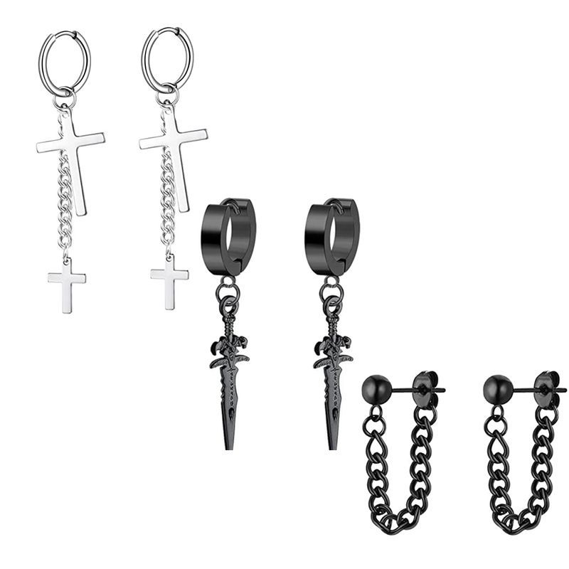 Black Men's Ear Clip Ear Stud Earrings Set 3 Pair Stainless Steel Fashion Jewelry detail image 8