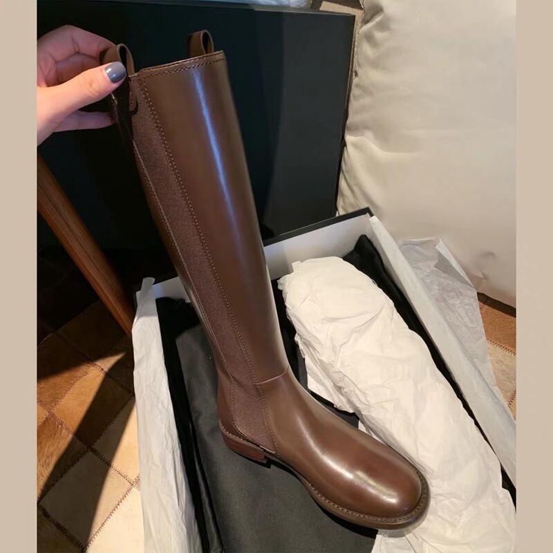牛皮葡萄妈小香风平底长筒靴女粗腿高筒不过膝瘦瘦靴长靴骑士靴子|undefined