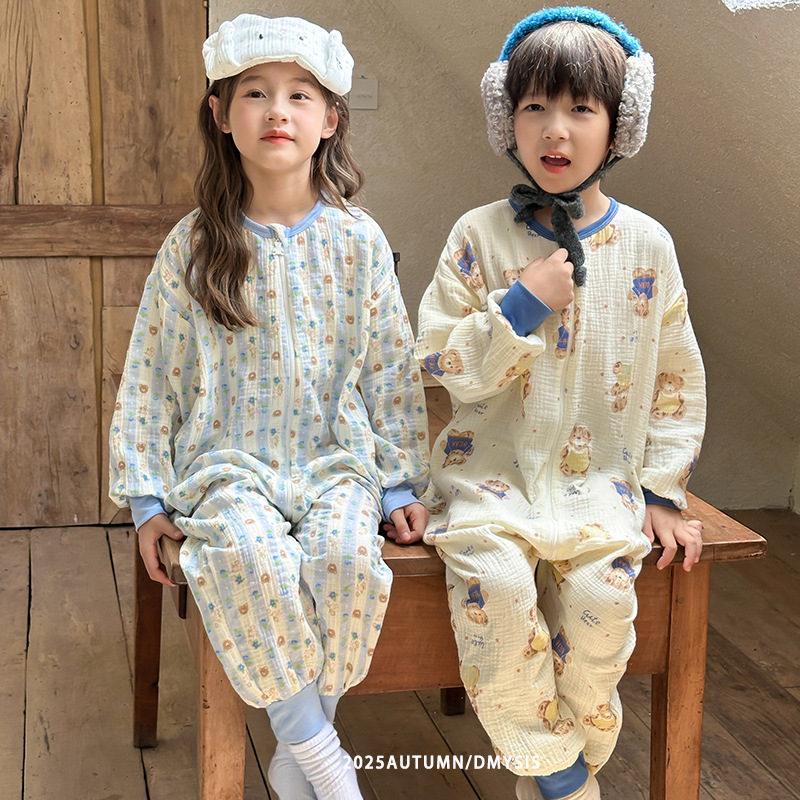 25 Autumn Kidsren's Double-Layer Gauze Cotton Split-Leg Sleeping Bag Baby Belly Protection Pajamas Jumpsuit Home Clothes