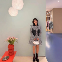 娃娃领连衣裙春秋小个子甜美减龄黑白条纹彼得潘领宽松娃娃连衣裙