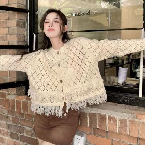 Tassel Hollow Knitted Cardigan Women's Spring and Autumn Outerwear for Age Reduction 2023 New Niche Jacket Short Sweater Women's Versatile