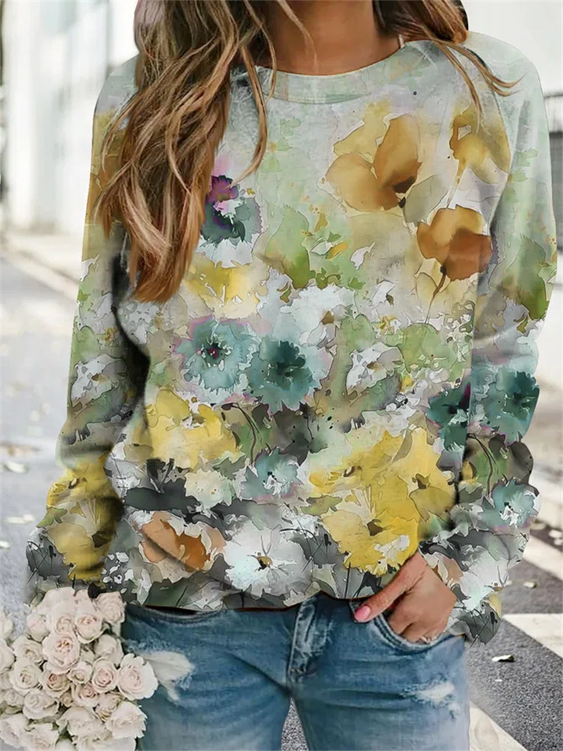 Elegant Flower Polyester Round Neck Long Sleeve Regular Sleeve Printing Hoodie