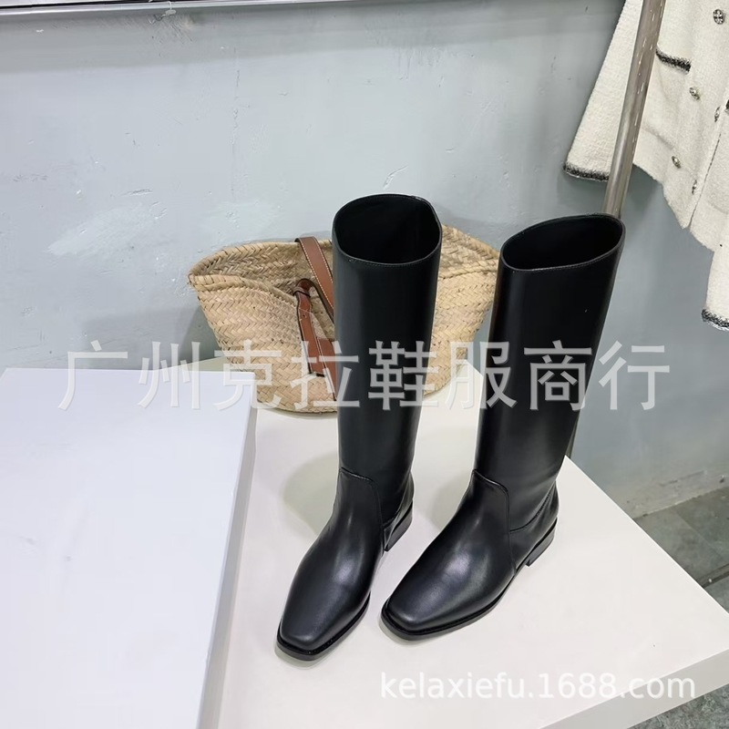 小众2025秋冬真皮方头复古简约百搭平跟套筒高筒骑士靴不过膝长靴|undefined