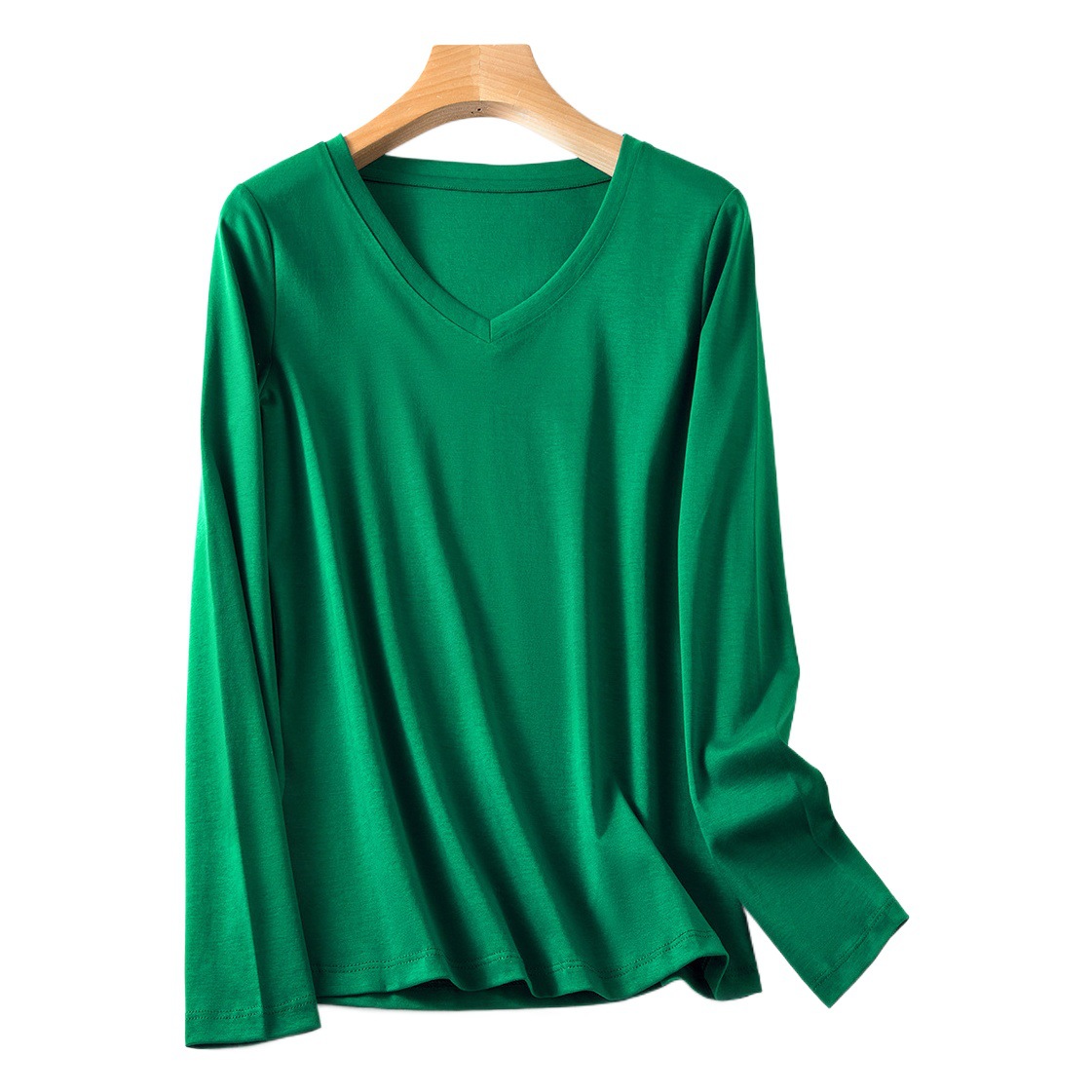 New 2026 Autumn Simple Cotton T-Shirt Pullover V-Neck Loose Double-Sided 80-Count Mercerized Cotton Long-Sleeve T-Shirt Women's Top
