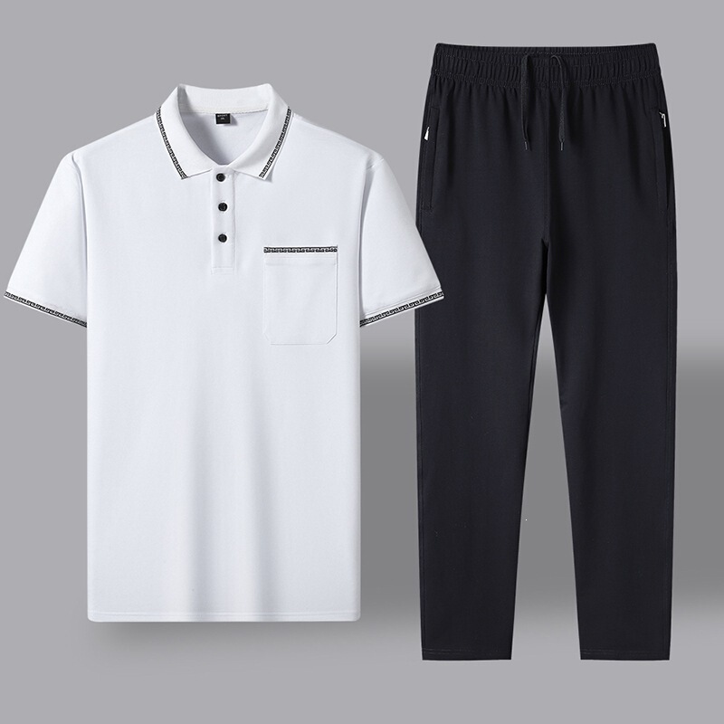 Middle-Aged and Elderly Men's Sports Suit Casual Cotton Short-Sleeve Long Pants Polo Shirt Men's T-Shirt Pants Summer Middle-Aged Fashion