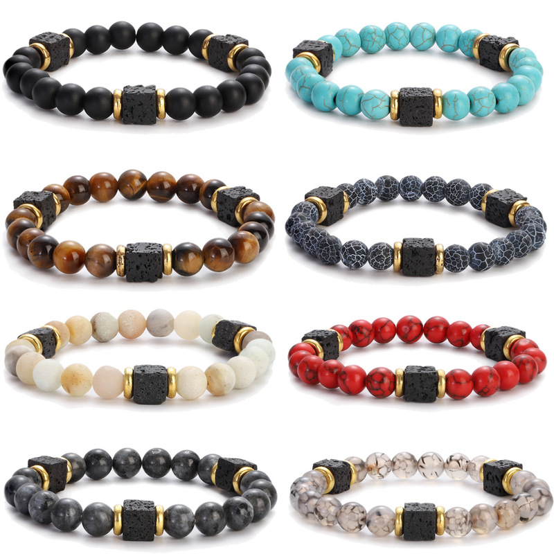 Amazon Cross-Border New Lava Square Volcanic Stone Bracelet Men's Colorful Marble Glass Beads Retro Bracelet