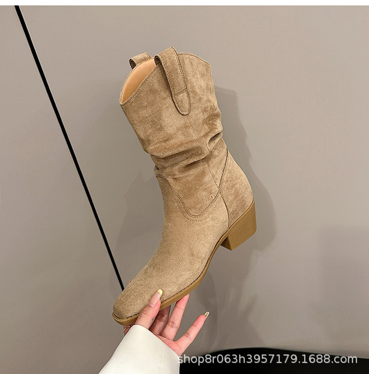 内增高马丁靴女秋冬季新绒面美拉德卡其色复古尖头小个子短靴|undefined