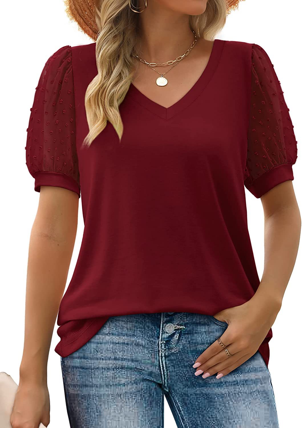 2023 Verano nueva ropa de mujer transfronteriza europea y americana Amazon Camiseta de mujer de color sólido con cuello en V de malla simple manga de soplo