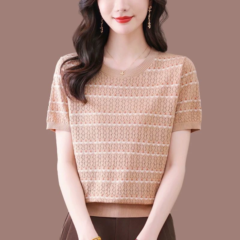2025 新しい半袖 Tシャツルーズ痩身西洋スタイルママシャツ女性の夏のストライプジャカードアイスシルクセーター|undefined