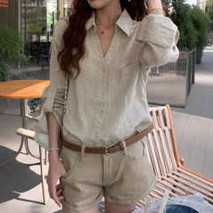 Polo翻领长袖棉麻衬衫女夏法式气质防晒开衫外套外搭宽松衬衣上衣