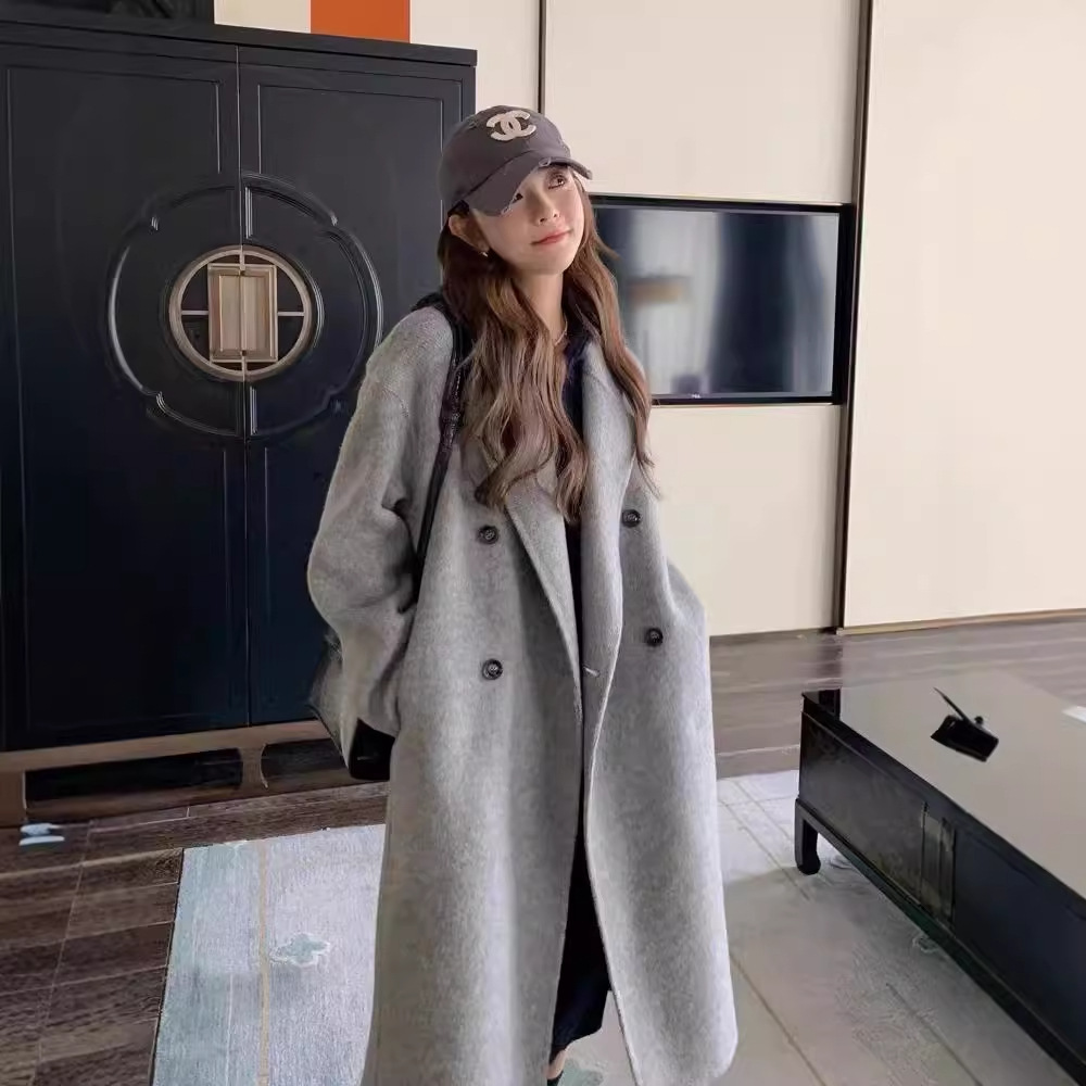 Korean-style Superfine Cocoon Double-sided Cashmere Coat Women's Double-breasted Simple Elegant All-match Knee-length Wool Coat