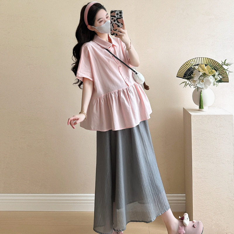 Maternity 2025 Summer New Loose Doll Shirt Short-sleeved Top Casual All-match Grey Skirt Two-piece Set