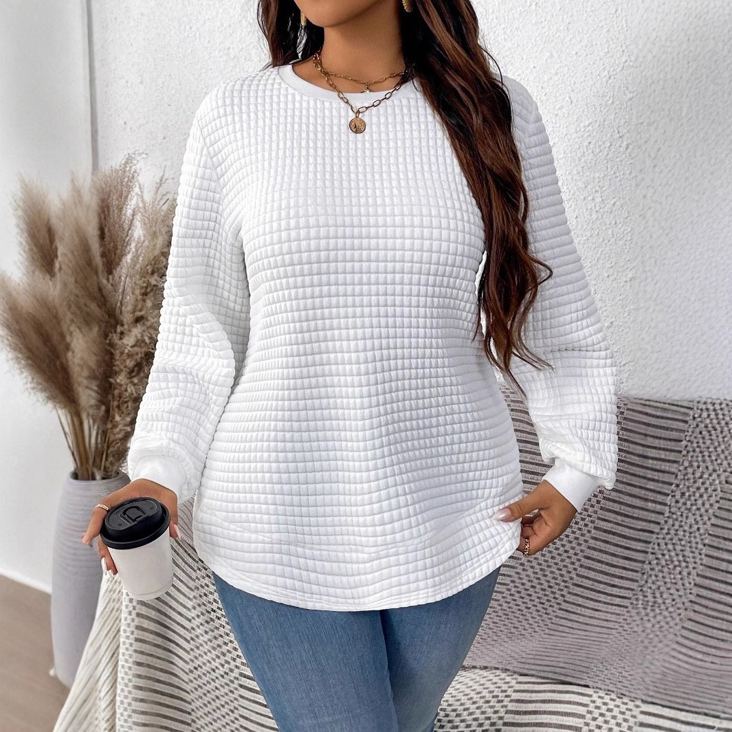 Transfronterizo de ropa de mujer de tamaño grande nueva camiseta casualidad de color sólido cuadrado con cuadrícula y redonda de abbillado otoño y invierno