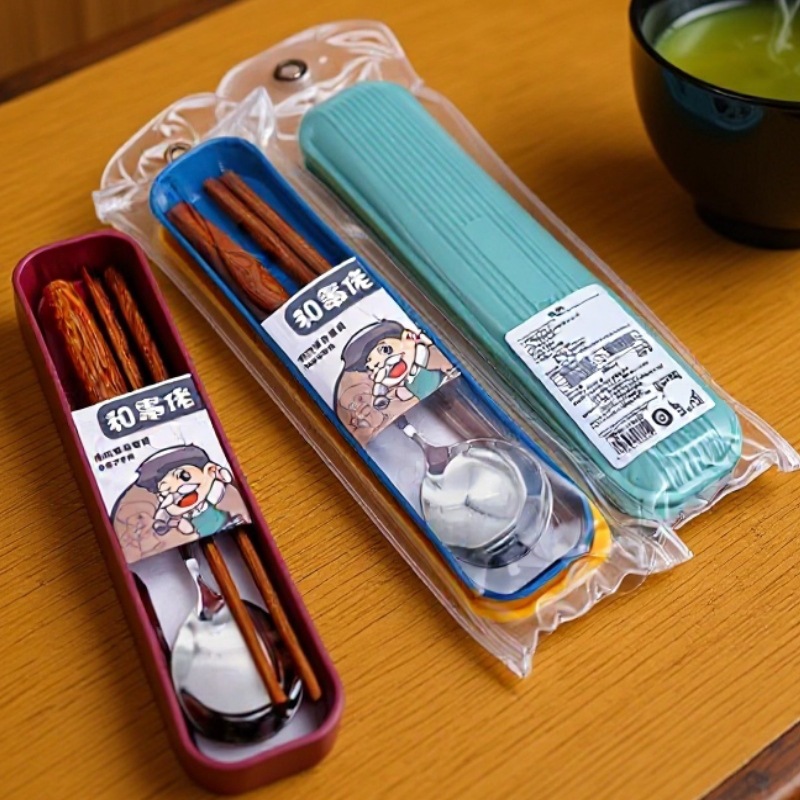 0225鸡翅木套装餐具 两件套一人外带餐具筷子勺子学生便携餐具盒
