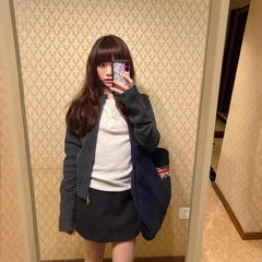 グレーのダブルジッパー付きスリムニットカーディガン、韓国風レイジーで高級感のある女性用セータージャケット、春と秋のショートトップス