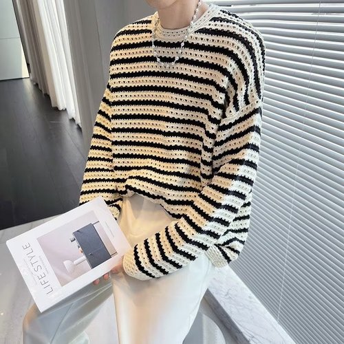 Autumn Retro Lace Contrast Striped Knit Shirt for Men - Design-Focused Korean Style, Lazy Wind High-End Base Shirt