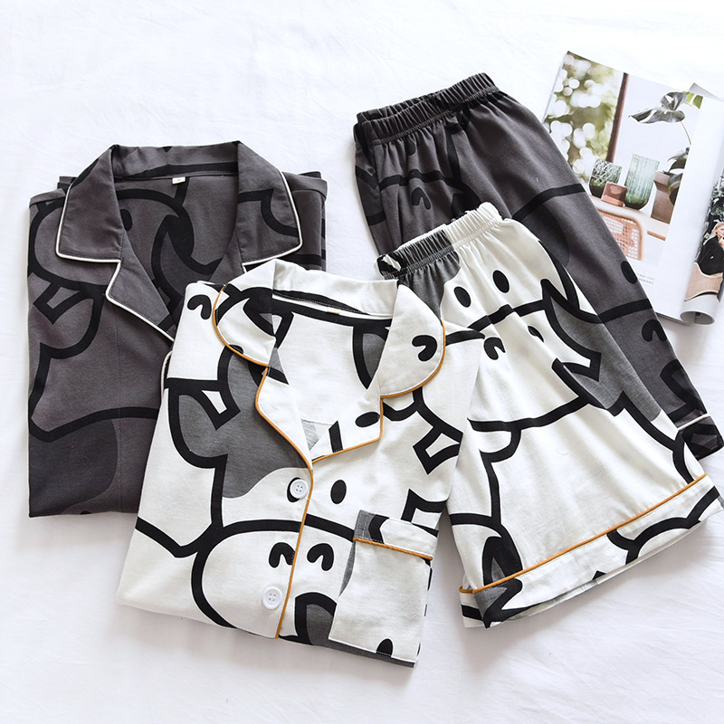 Summer New Cotton Short-sleeved Shorts Knitted Couple Pajamas suit Loose Simple Fashion Men's and Women's Two-piece Set