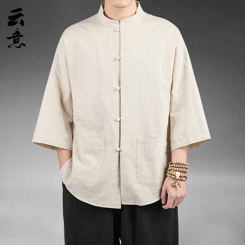 Camisa Zhongshan de lino de estilo chino, manga de cinco puntos para hombres, traje Tang, algodón y lino chino, camisa fina informal, traje de té de verano