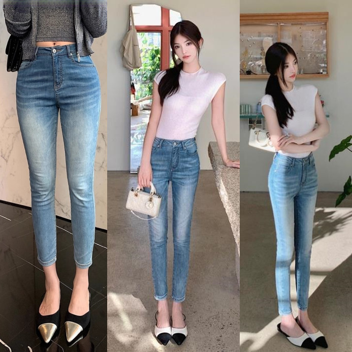 Korean Style Retro Washed Denim Blue Slim Slim Jeans Women's High Waist Straight Pants 2025 Summer New Trend