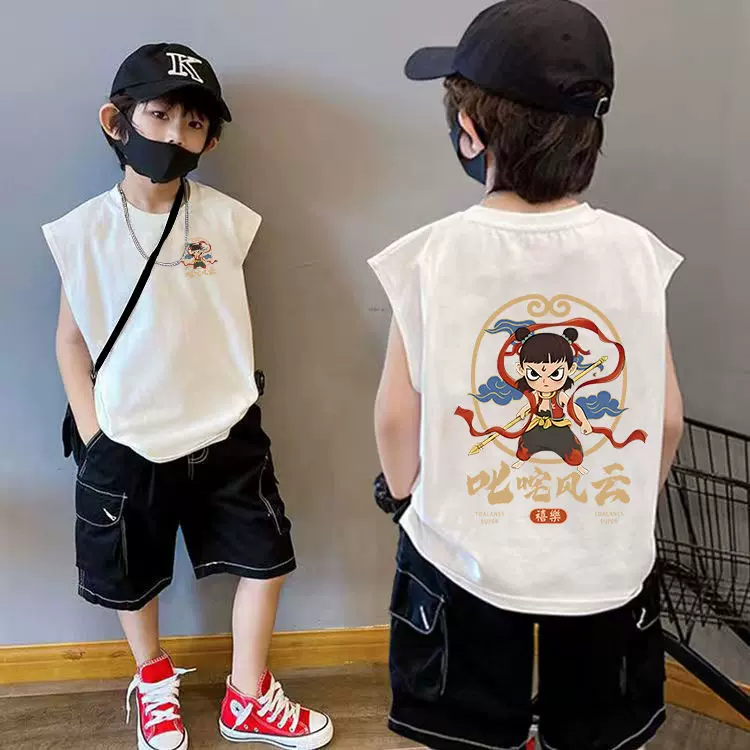 夏季儿童宝宝上衣服纯棉无袖背心卡通新款2025哪吒男童女童打底衫