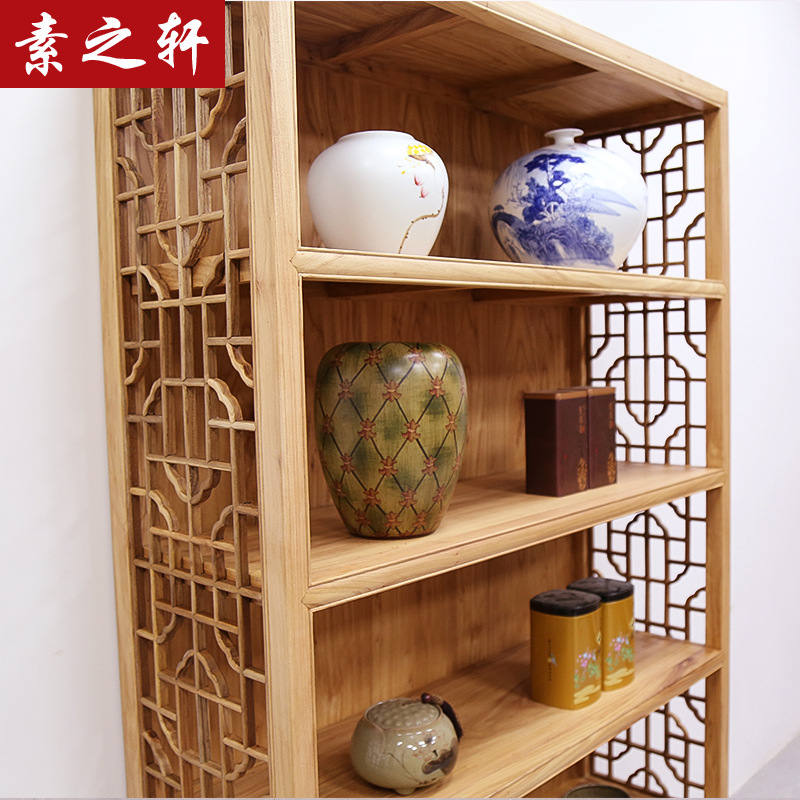 老榆木展柜茶叶柜仿古实木新中式书柜书架精品货架陈列柜置物