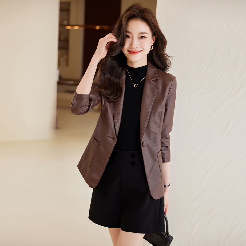 High-end fashion Western style leather suit jacket women's autumn and winter one button slim fit small short suit jacket
