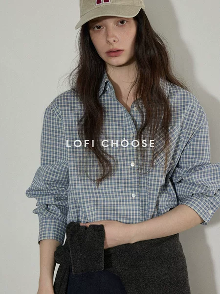 Lofi Choose Versatile Simple Contrasting Color Plaid Long-Sleeved Shirt for Women Spring New Design Top