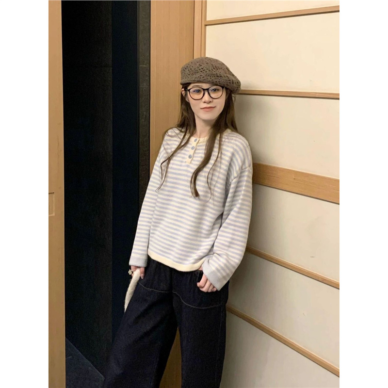 蕾朵撞色条纹长袖针织衫上衣女新款秋季慵懒休闲套头毛衣内搭|undefined