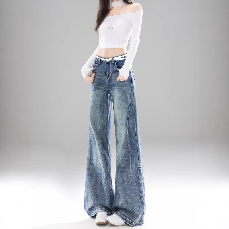 Vintage Blue Flared Jeans for Women, American Style, High-Waisted, Slimming, Wide-Leg, Loose, Drapey, Bootcut, Floor-Length Pants