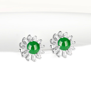 Natural A goods jade sun green sun flower earrings ice jade stone S925 silver inlaid fashion earrings women's high-end