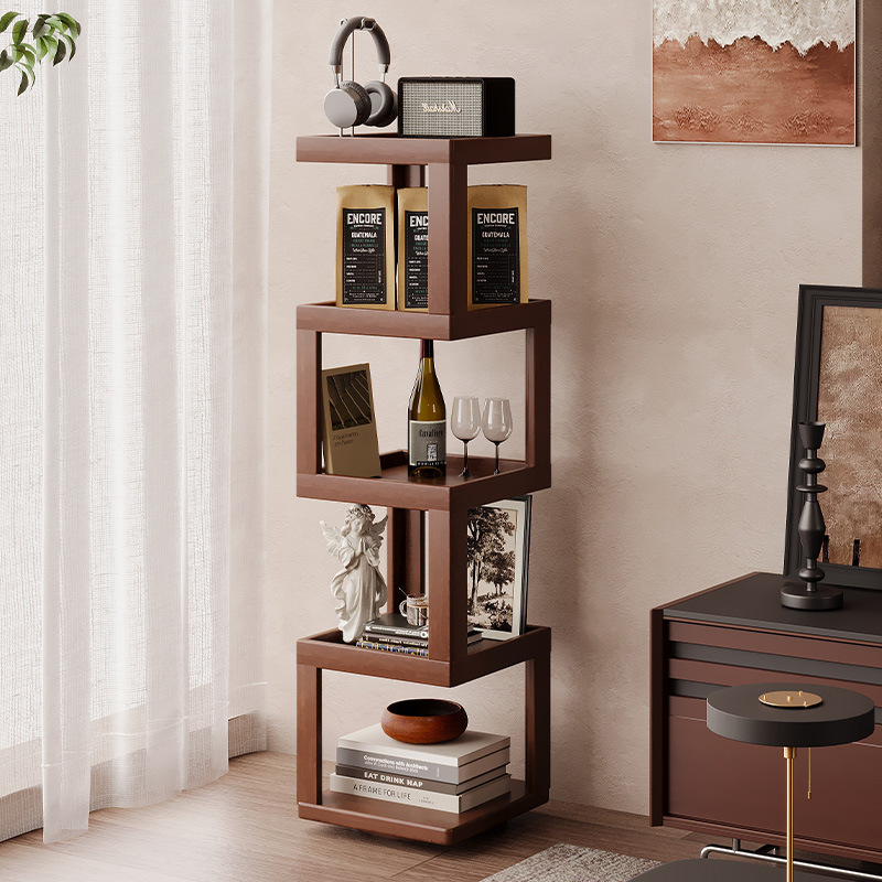 Rotating Bookshelf 360-Degree Bookcase Floor-Standing Storage Rack Integrated Wall Corner Kidsren's Living Room Simple Solid Wood Narrow Cabinet