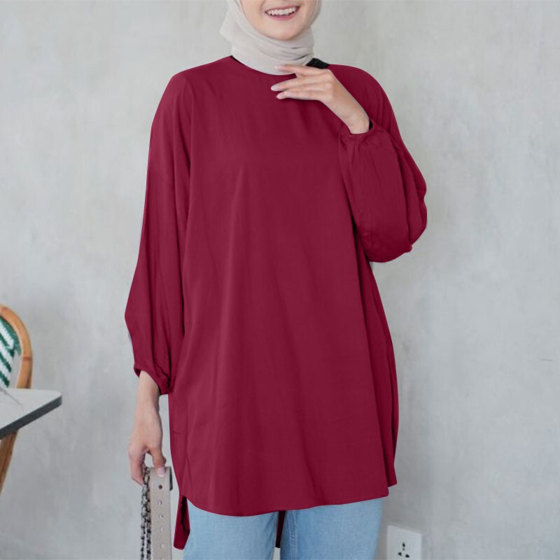Elegant Autumn Solid Color Work Shirt Casual Turkish Abaya Shirt Women's 3/4 Sleeve O-Neck Shirt