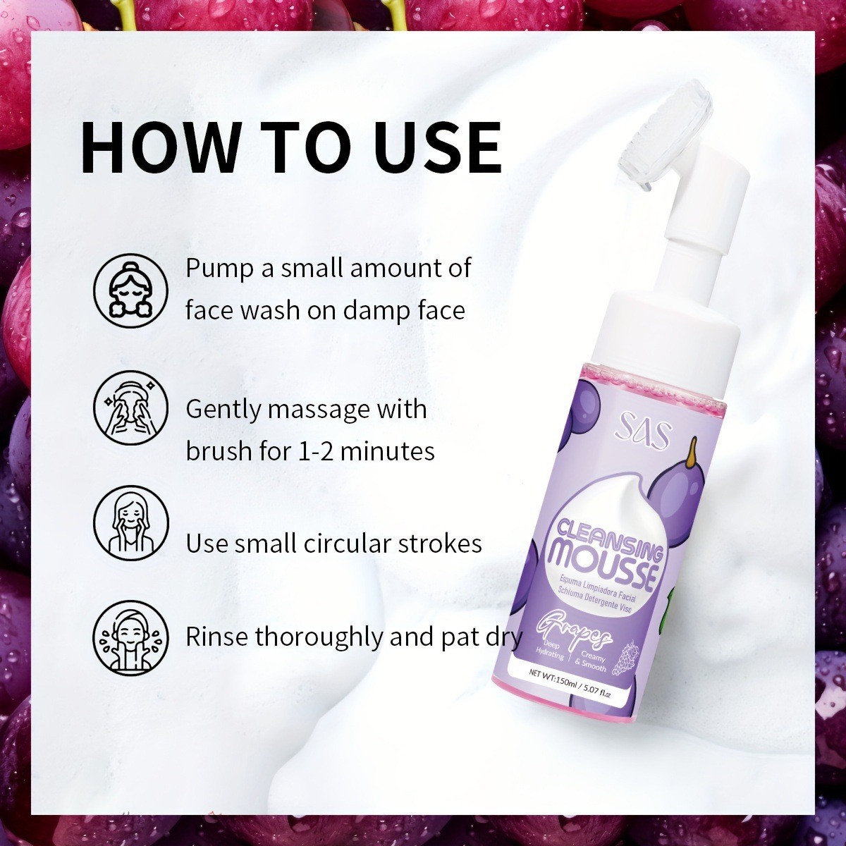 USHAS Europa y los Estados Unidos en stock transfronterizo uva mousse limpiador profundo aminoácido espuma limpiador SAH026