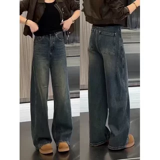 复古蓝阔腿裤牛仔裤女2024秋季新款小个子窄版高腰宽松显瘦弯刀裤