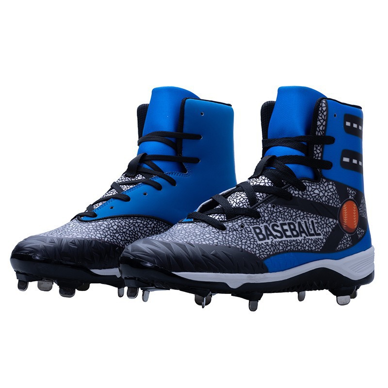 Luxury baseball shoes for men, lace-up, outdoor sports, studded, specialized for professional competition, American-style mid-top shoes, black-red and black-blue