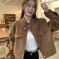 美拉德穿搭立领洋气外套女秋冬感复古宽松短款夹克麋鹿皮外套