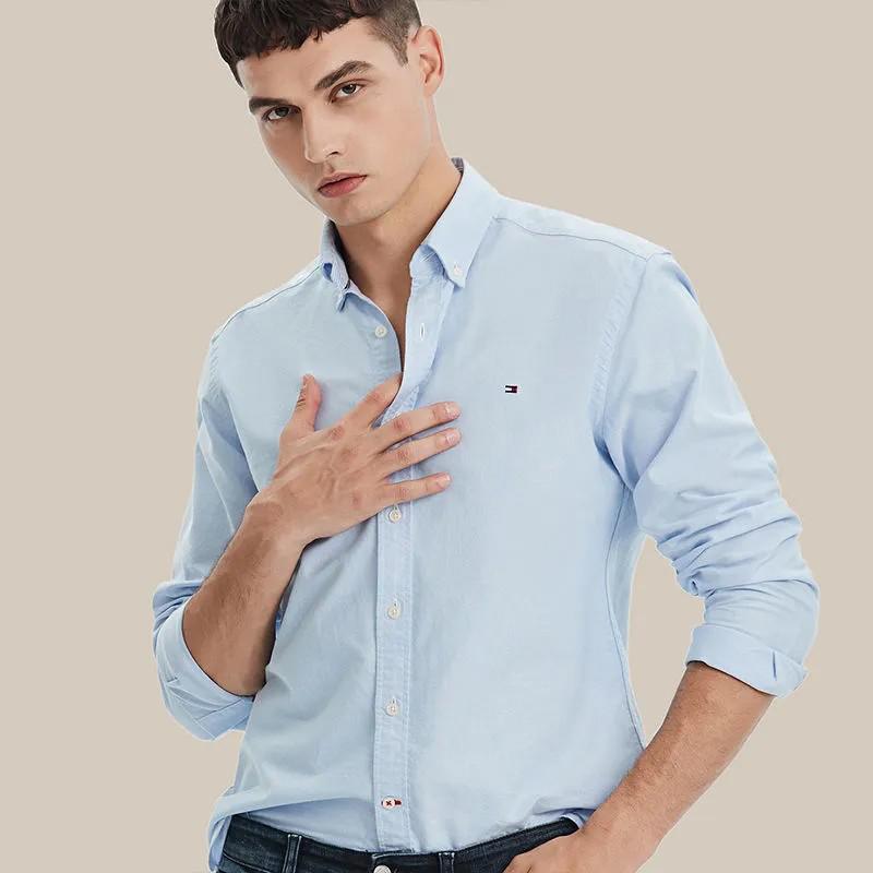 Tommy Men's Long-Sleeve Shirt Luxury High-End Business Casual Middle-Aged Button-Down Versatile Oxford Shirt Tommy Men's Long-Sleeve Shirt Luxury High-End Business Casual Middle-Aged Button-Down Versatile Oxford Shirt