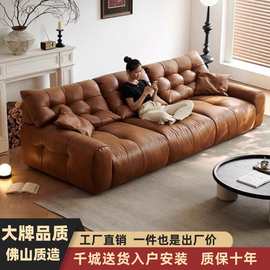 意式极简大黑熊真皮沙发现代轻奢客厅直排三人位复古风油蜡皮沙发