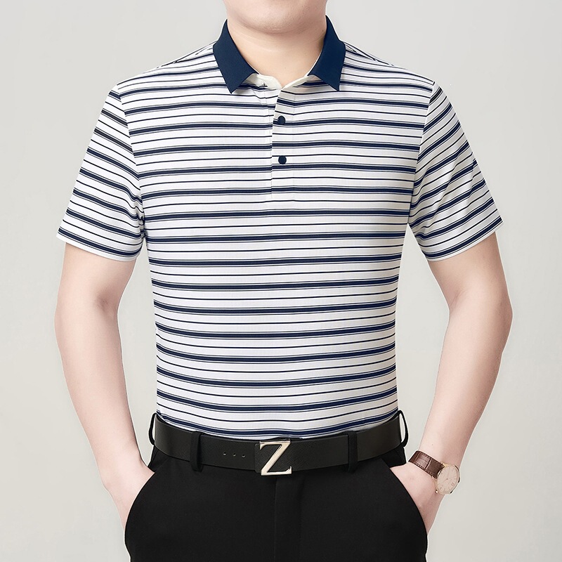 Men's Striped Short-Sleeve Polo Shirt, Summer New High-End Casual Simple Style, Fashionable for Young and Middle-Aged Men