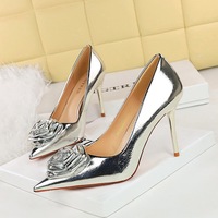 9236-H56 Banquet Women's Shoes High Heels Thin Heels Shallow Mouth Pointed Metallic Rose Blossoms Single Shoes High Heels