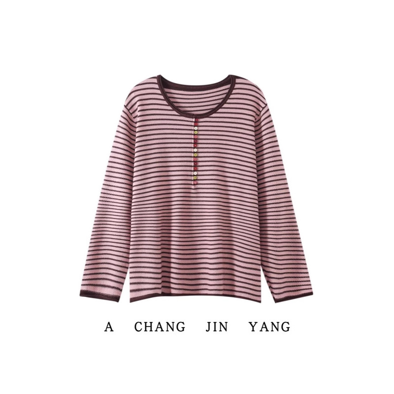 Cross-Border 25 Autumn and Winter New Korean Style Large Size Retro Stripesd Loose V Neck Outer Wear Bottoming Cotton Blended Knitwear