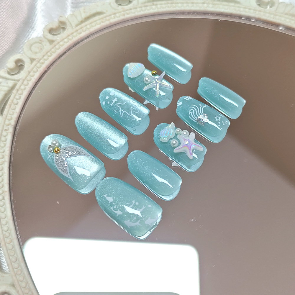Ojos de gato azules de hielo, mar, uñas de vestir, comercio exterior, 30 piezas de verano, uñas falsas, estrellas de mar tridimensionales, conchas de manicuras