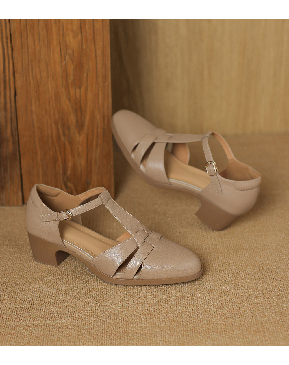 Sandal nữ gót vuông quai ngang phong cách La Mã, đế rỗng, dệt chéo khóa T — đen chi tiết 20