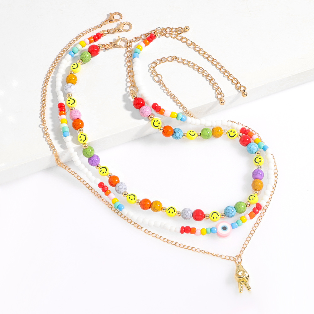 Bohemian style colored bead necklace creative resin smiley face turquoise multilayer clavicle chain wholesalepicture5