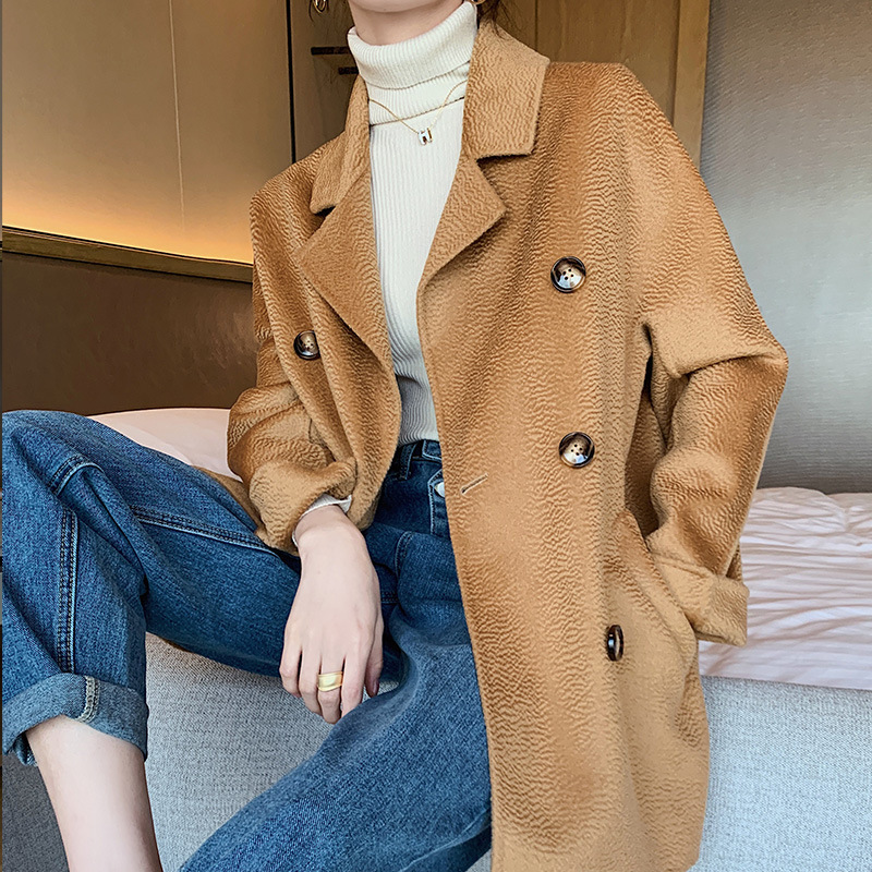 秋冬水波纹双面呢羊毛大衣女中长款修身纯色韩版宽松型呢子外套