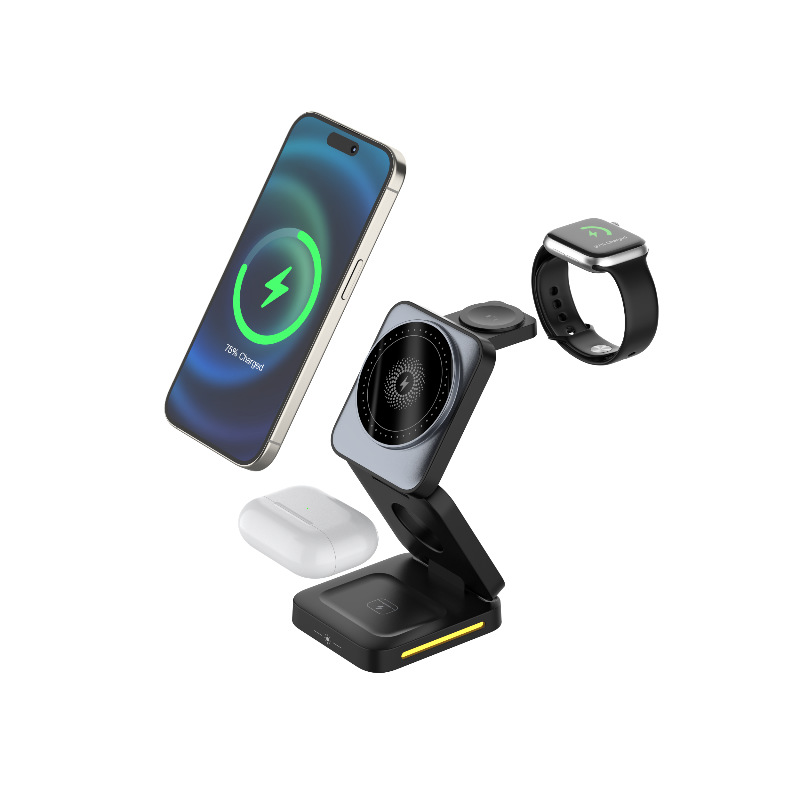 Cargador inalámbrico magnético plegable tres en uno, luz nocturna táctil, soporte vertical para teléfono móvil de escritorio, cargador inalámbrico al por mayor