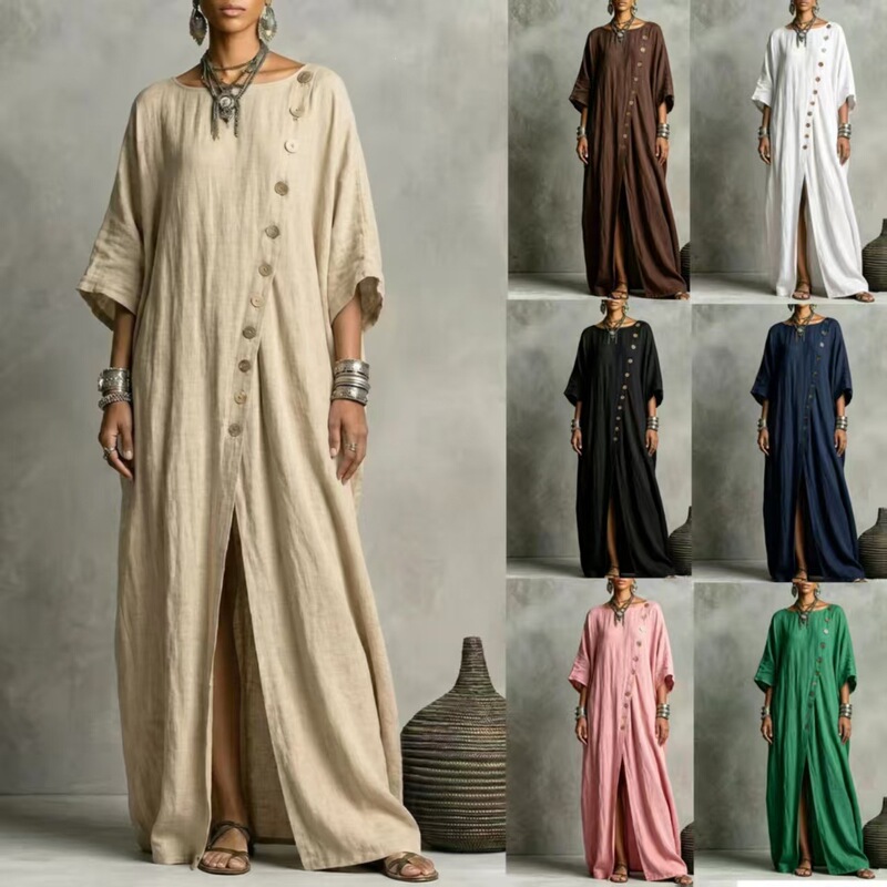 2026 European and American Independent Websites Amazon Aliexpress New Spring and Summer Round-Neck Floor-Length Casual Irregular Side-Length Dress