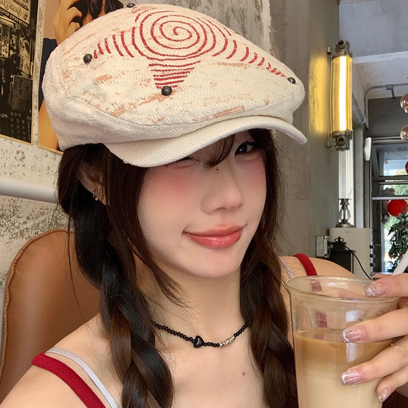 日系小众五角星前进帽子女春秋季美式复古百搭报童帽显脸小画家帽|undefined