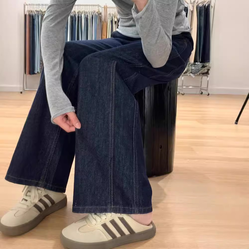 다크 블루 청바지 여성 플러스 사이즈 통통녀 슬리밍 바지 봄과 가을 좁은 넓은 다리 바지 높은 허리 느슨한 스트레이트 바지