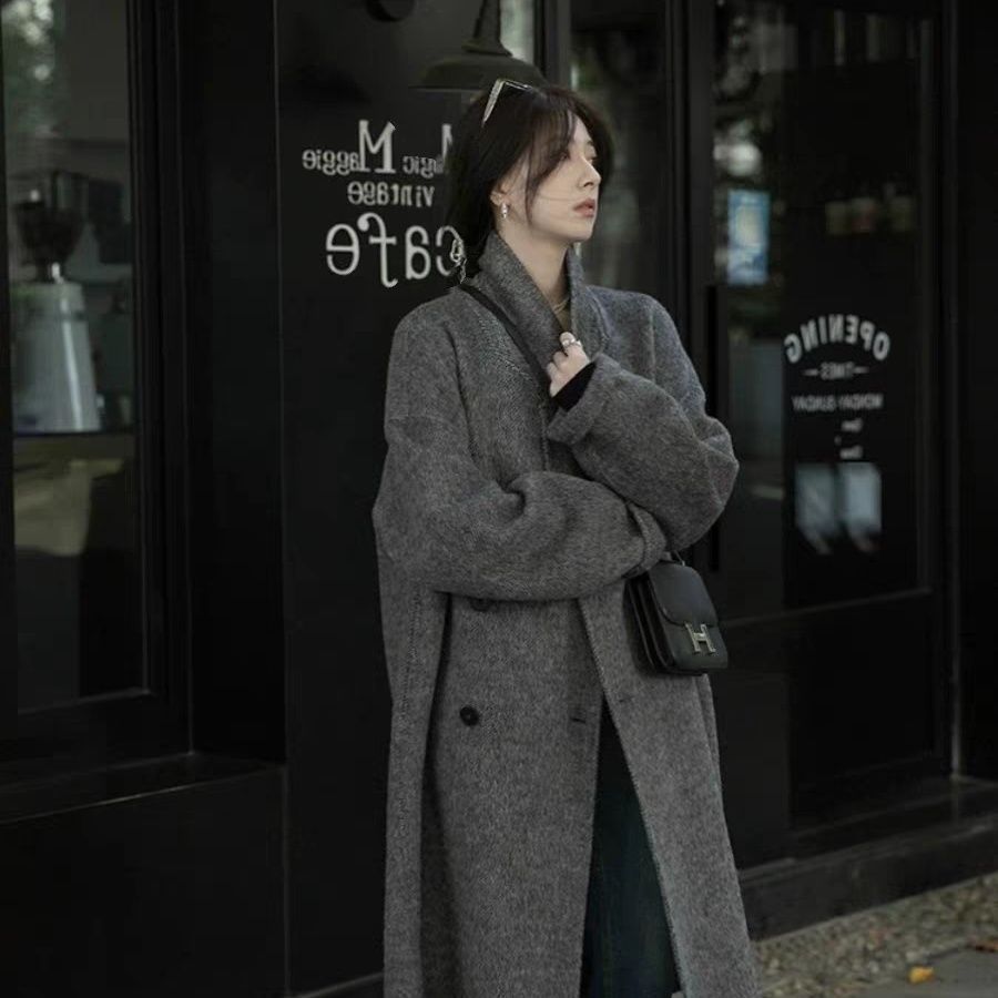 2025 New Autumn and Winter Twill Wool Outwear Long Double-Sided Mid-Length Outwear Loose Thickeneded Plush High Luxury